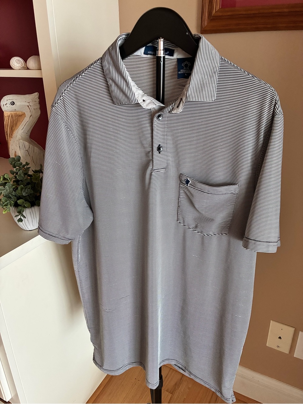 Simply Southern Polo Shirt Mens Large Gray Striped Performance Stretch Golf